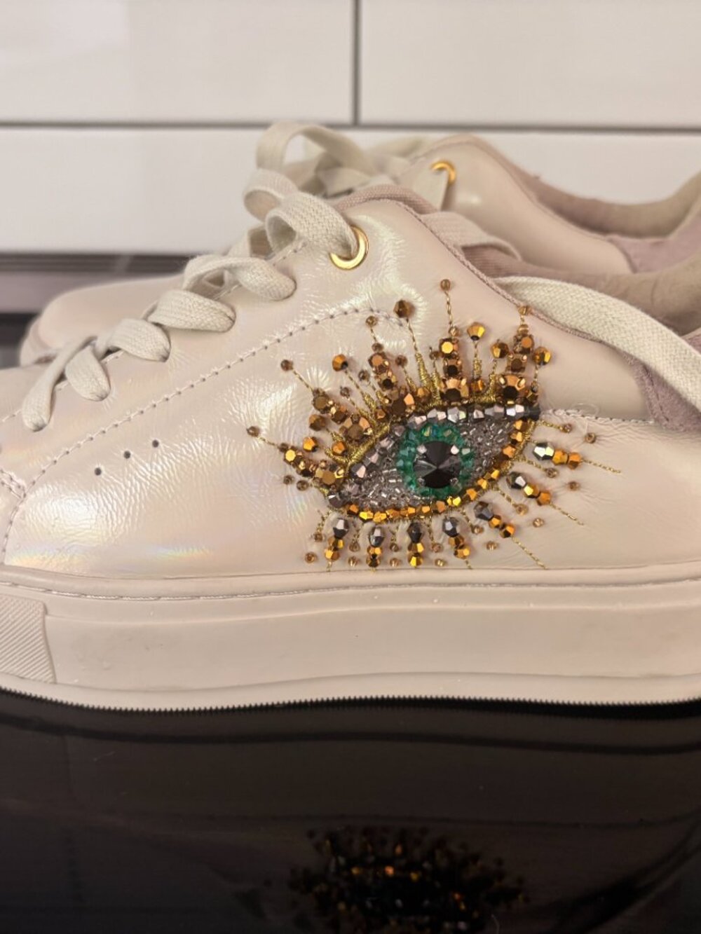 Kurt Geiger London White Leather Platform Sneakers Eye Embellished Size